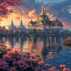 Naklejka premium The golden temple wat at the sunset sky. 