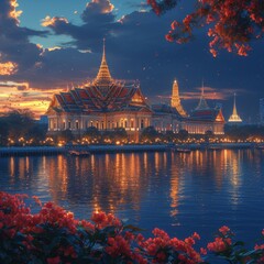 Fototapeta premium The golden temple wat at the sunset sky. 