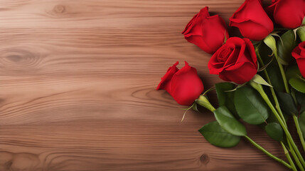 Naklejka na ściany i meble Wood Plank Background Wallpaper, Red Rose, Copy Space, Web Banner, Valentine's Day, Red roses flower on red background. Copy space, Top view, Generative Ai