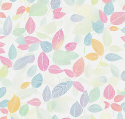 Fototapeta na wymiar Background with leaves. Colorful illustration. Floral pattern on the white background. Flyer, card design. Nature, vintage backdrop. Decoration wallpaper. Natural template.