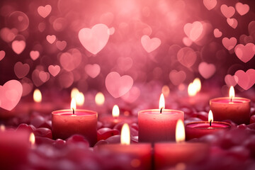 Obraz na płótnie Canvas red candles, blurry background, Burning candles on wooden table with bokeh, Valentines Day background-red rose with red candle, candle surrounded by hearts, valentine's day., Generative Ai