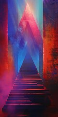 Color Damp Gritty Stairs going up and the Whole Scene looks like a Pyramid Triangle with Bold Lines - Colorful Triangle Pyramid Music Album Cover Background created with Generative AI Technology