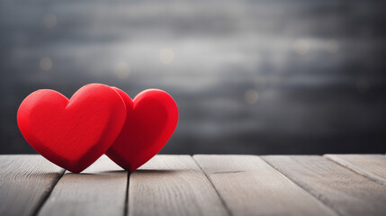 Two red hearts on wooden background, copy space, red hearts on wooden background, two red hearts on wooden table over falling snow, Two Red Valentines Hearts Standing On Wooden, Generative Ai