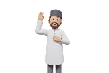 3d illustration of man muslim greeting, pointing and showing something at camera with transparent background