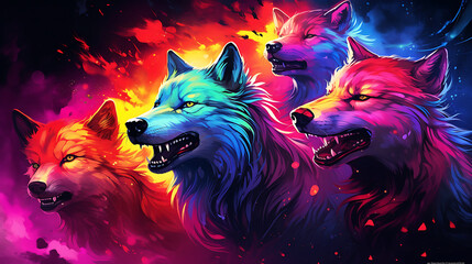 Naklejka premium abstract wolf pack in neon colors. Made with generative ai 