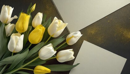 tulips in vase.a warm and celebratory postcard with an arrangement of white and yellow tulips gracing the upper left corner. Leave an open space for personalized congratulatory messages, creating a th