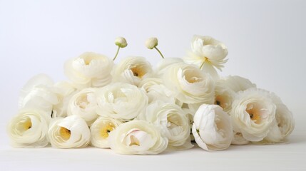 a pile of ranunculus petals, their layered blooms forming a captivating arrangement against the simplicity of a pristine white setting.
