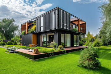 a modern container house with grass lawn and garden