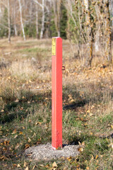 Fototapeta na wymiar A red pole in the woods. Boundary.