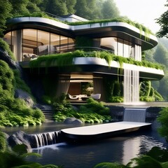 Fototapeta na wymiar beautiful cinematic futuristic sleek nature home covered in plants in a forrest by a waterfall