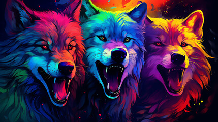 Naklejka premium abstract wolf pack in neon colors. Made with generative ai 