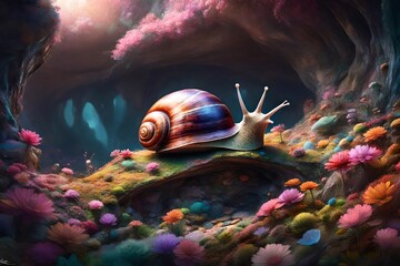 Imagine a spellbinding digital artwork showcasing a snail-inspired abode situated on a cliff in a...