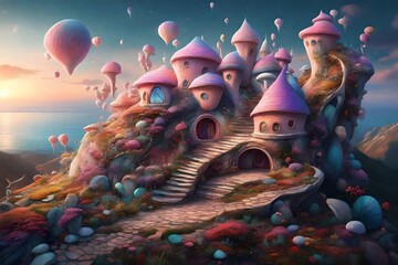 Imagine a spellbinding digital artwork showcasing a snail-inspired abode situated on a cliff in a surreal fantasy realm.

 - obrazy, fototapety, plakaty