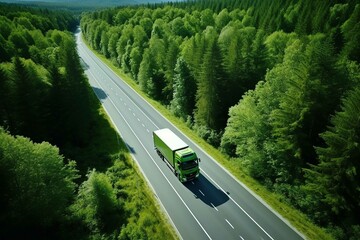 Aerial top view of car and truck driving on highway road in green forest. Sustainable transport. Drone view of hydrogen energy truck and electric vehicle driving on asphalt road through green