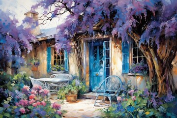 Painting of house, purple flowers, garden, blue door, window. Generative AI