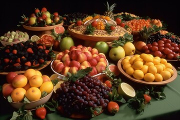 Naklejka na ściany i meble Assorted fresh fruits displayed with colorful and diverse presentation including apples, strawberries, oranges... Generative AI