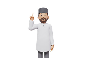 3d illustration of man muslim greeting, pointing and showing something at camera with transparent background