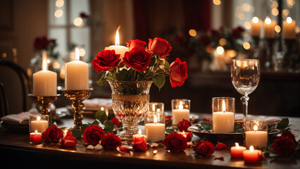 Fototapeta na wymiar Candlelit dinner for two, red and white roses, dreamy bokeh. Perfect for love, celebration, and special moments.