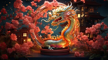 Obraz premium Lunar New Year. Dragon year decoration background, made of colorful transparent resin. sparkling decorated with flowers and sparkles of light that shine in the dark of night.
