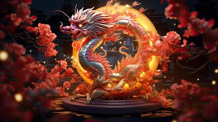 Obraz premium Lunar New Year. Dragon year decoration background, made of colorful transparent resin. sparkling decorated with flowers and sparkles of light that shine in the dark of night.