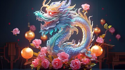 Obraz premium Lunar New Year. Dragon year decoration background, made of colorful transparent resin. sparkling decorated with flowers and sparkles of light that shine in the dark of night. Blue Dragon.