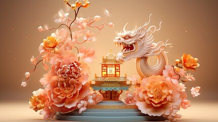 Happy Chinese New Year, the dragon zodiac sign, luxury style resin decoration. 3d rendering, transparent resin.