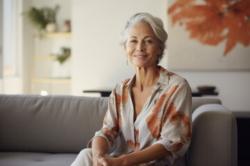 Graceful elderly woman smiling calmly in her stylish living space