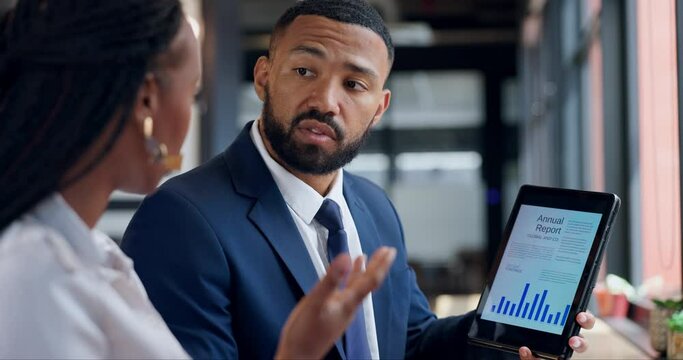 Business meeting, teamwork and tablet with communication in cafe with planning, pointing and discussion. Employees, man or woman with annual report for corporate project or networking in coffee shop - Powered by Adobe