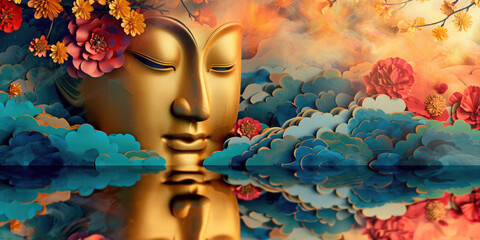 glowing golden Buddha face with colorful paper cut clouds, nature background