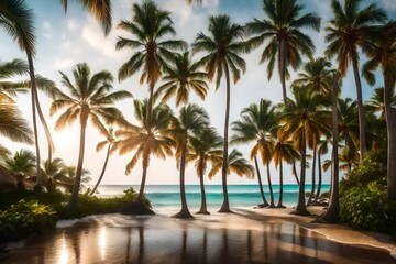 Imagine an ethereal AI-generated image portraying the magical dance of palm trees, their leaves swaying elegantly in the breeze. 

