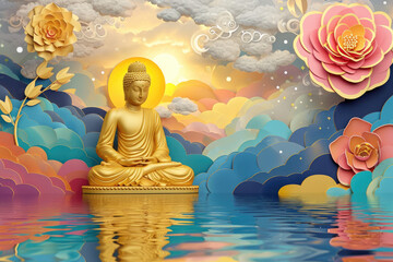 glowing golden Buddha with colorful paper cut clouds, nature background and water reflection