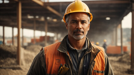 Expert construction worker amidst bustling site, rugged and determined, holding blueprint with measuring tape. Authentic professional in action. Construction photography, natural light. 