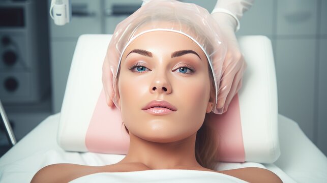 Beautiful woman has beauty treatment at Clinic Of Aesthetic Medicine, bright and clean ambient room