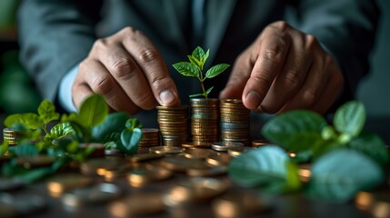 Investment growth and financial stability concept. hands stacking coins with a growing plant. sustainable finances and savings. AI - obrazy, fototapety, plakaty