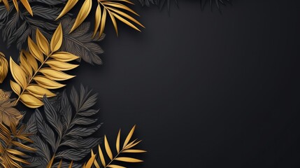 Gold and black tropical leaves abstract on black background.