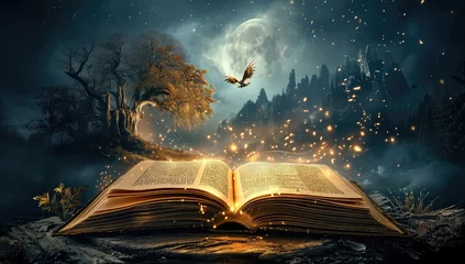 Crédence de cuisine en verre imprimé Forêt des fées Magical open book with an astounding fantasy story telling background, with moon and ancient tree