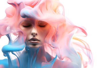 Fashion surreal Concept. Closeup portrait of stunning girl surround dissolve in pastel swirling flowing smoke fog liquid. illuminated with dynamic composition and dramatic lighting. copy text space	
