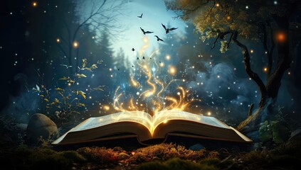 Magical open book with an astounding fantasy story telling background, with moon and ancient tree - obrazy, fototapety, plakaty