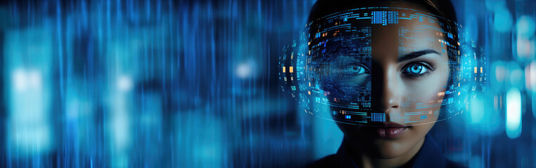 Future woman with cyber technology eye panel concept