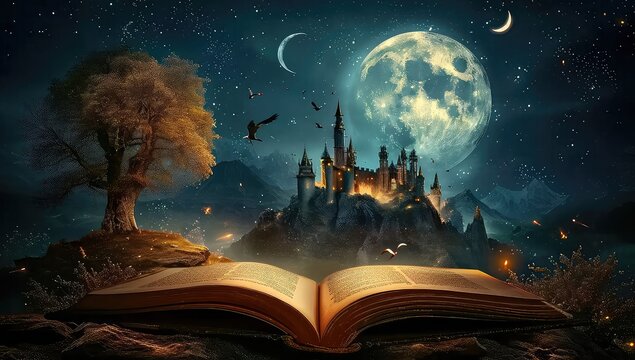 Magical open book with an astounding fantasy story telling background, with moon and ancient tree