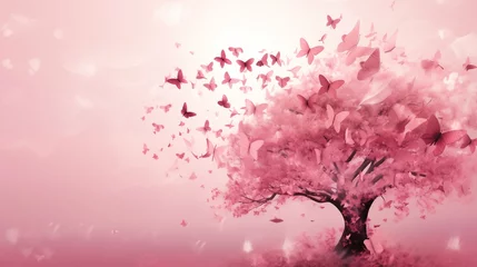 Foto op Plexiglas Grunge vlinders Beautiful cherry tree with flying butterflies, valentines day background