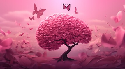 Beautiful cherry tree with flying butterflies, valentines day background