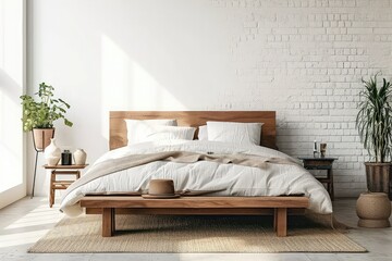 Rustic wooden bed against empty white wall with copy space. Scandinavian loft interior design of modern bedroom, Interior Design Concept