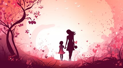 A mother holding hands with her daughter. mothers day. illustration. background