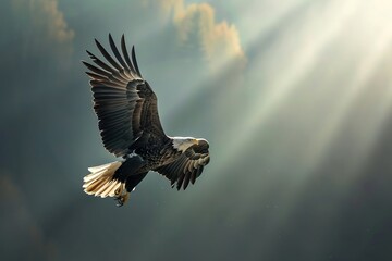 Adler im Flug durchbrechend Lichtstrahlen - obrazy, fototapety, plakaty