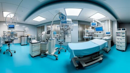 Operating room panorama with focus on the ergonomic design of surgical tables.