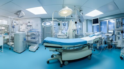 Operating theater panorama with specialized equipment for minimally invasive procedures.