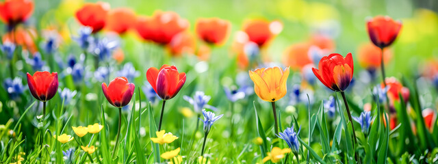 A vibrant field of tulips with a mix of red, yellow, and orange blooms, creating a colorful tapestry of spring flowers with blue blossoms interspersed.
