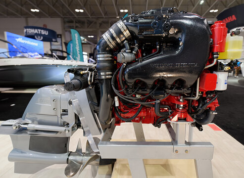 TORONTO-JANUARY 19, 2024: Volvo Penta V8 FWD engine on display at the Toronto International Boat Show, the largest indoor show held in North America.