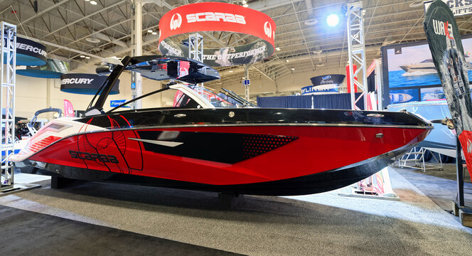 TORONTO-JANUARY 19, 2024: Scarab SBI 285 Identity Jet boat at the Toronto International Boat Show, the largest indoor show held in North America.